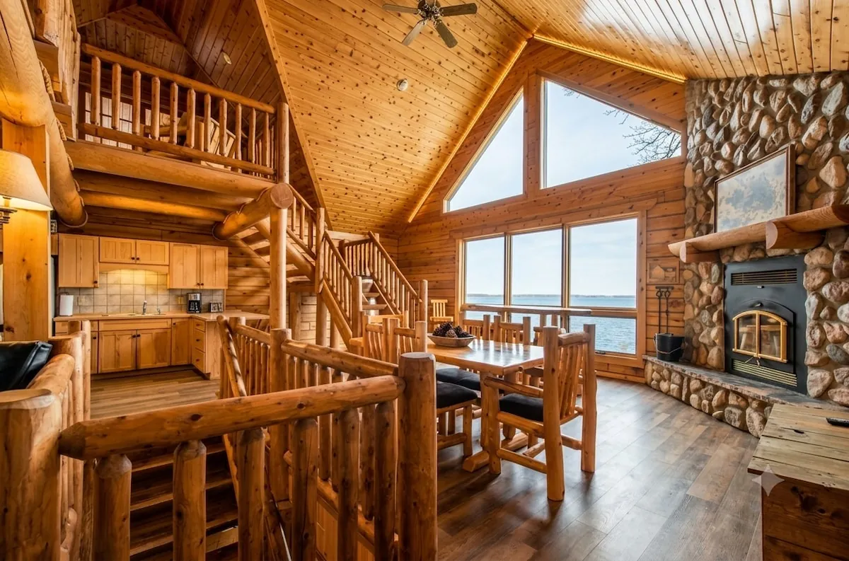 Great room with log dining table, stone fireplace, and soaring windows
